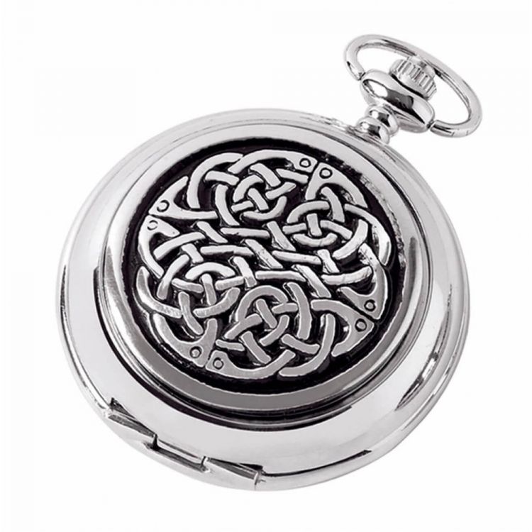 Full Hunter Celtic Knot Chrome/Pewter Quartz Pocket Watch