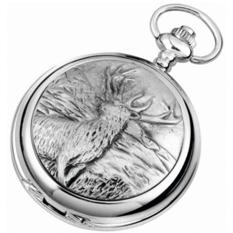 Quartz Full Hunter Stag Chrome/Pewter Pocket Watch