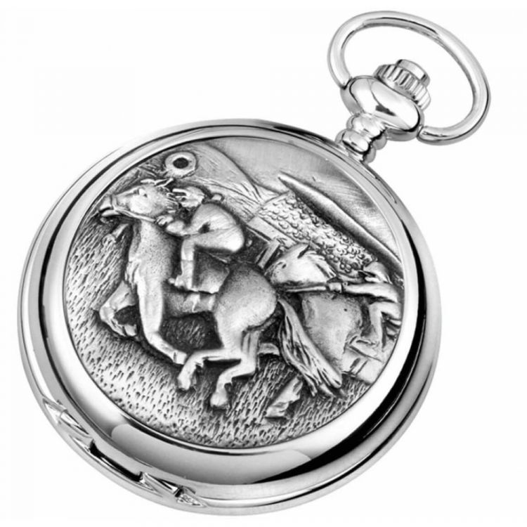 Double Hunter Horse Racing Chrome/pewter Mechanical Pocket Watch
