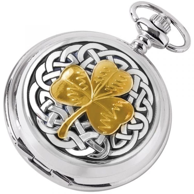 Chrome Finish & Gold Irish Shamrock Double Hunter Mechanical Pocket Watch