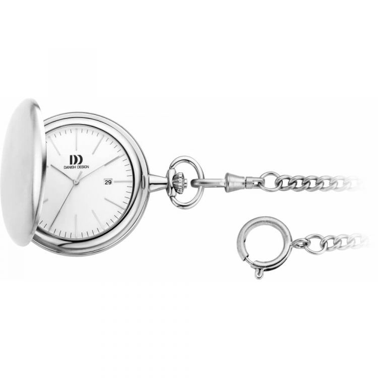 Brushed Chrome Full Hunter Pocket Watch And Chain with White Face