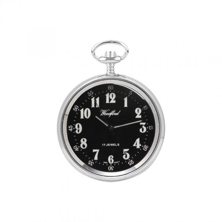 Chrome Plated 17 Jewelled Mechanical Black Face Pocket Watch