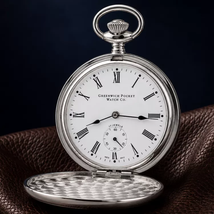 The Beaumont, Limited Edition 1000 Pieces UK Designed Chrome Double Hunter Mechanical Pocket Watch With Chain