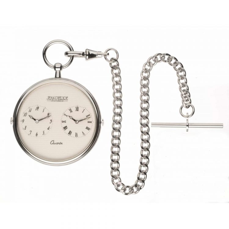 Polished Chrome Dual Time Slim Quartz Pocket Watch