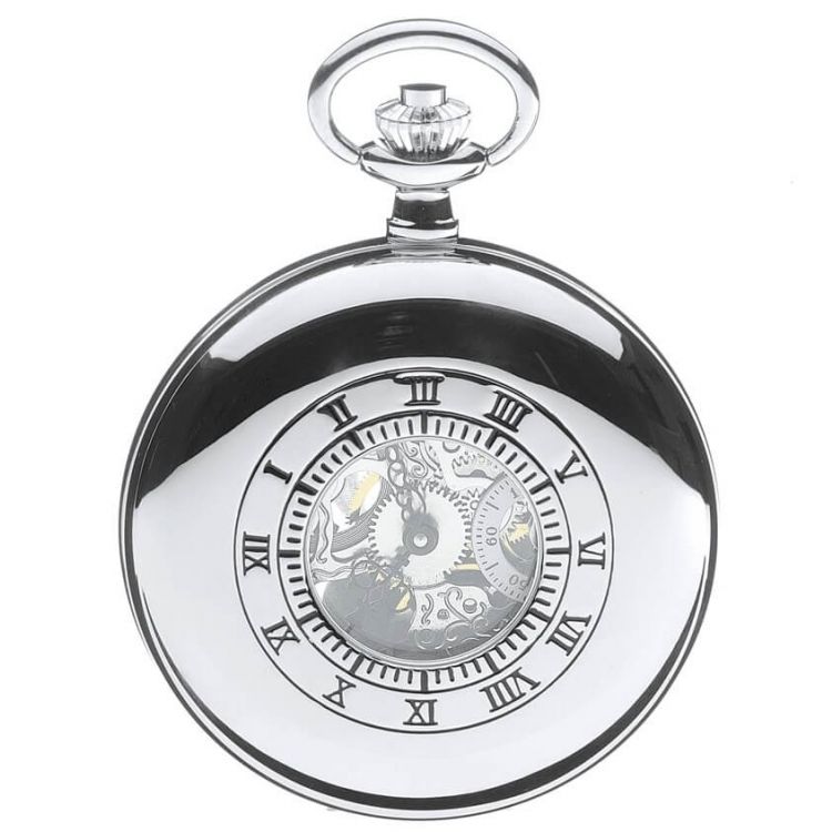 Polished Chrome Half Hunter Mechanical Pocket Watch With Open Back