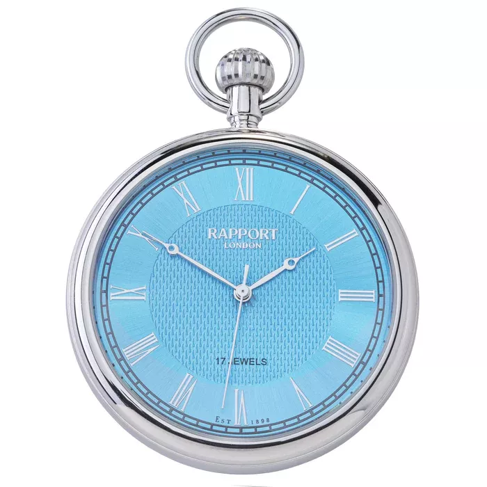17-Jewel Mechanical Ice Blue Open Face Silver Pocket Watch