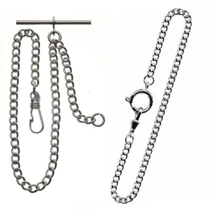 Chrome Plated 9 Inch Single Albert T-Bar Pocket Watch Chain Bundle