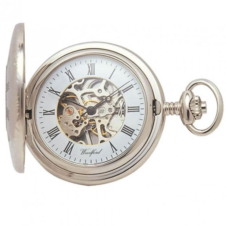 Chrome Plated Mechanical Half Hunter Skeleton Pocket Watch