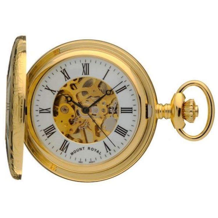 Gold Tone Mechanical Half Hunter Pocket Watch With Roman Numerals & Skeleton Display