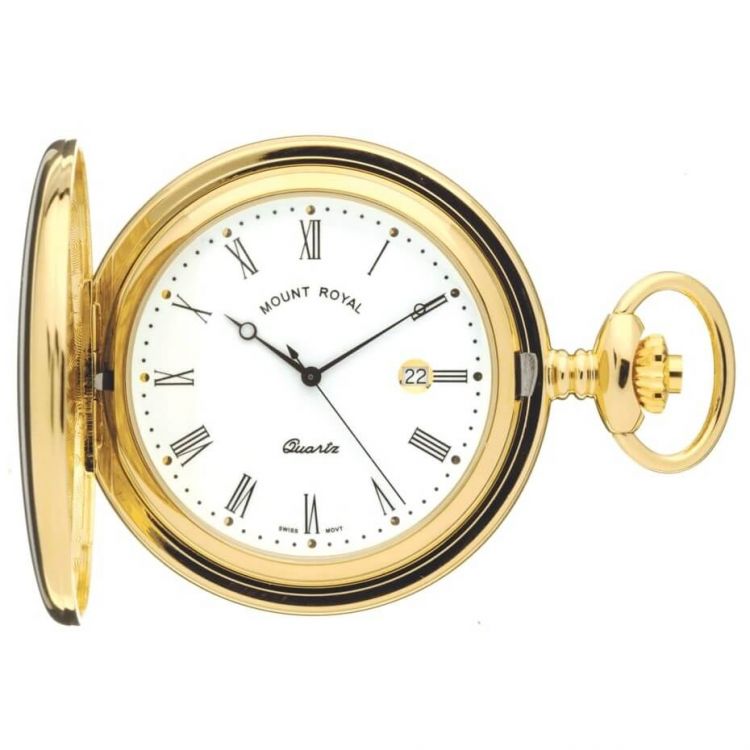 Gold Tone Swiss Quartz Full Hunter Pocket Watch With Roman Indexes