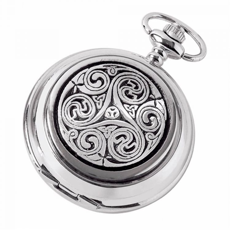 Double Hunter Celtic Chrome/Pewter Mechanical Pocket Watch