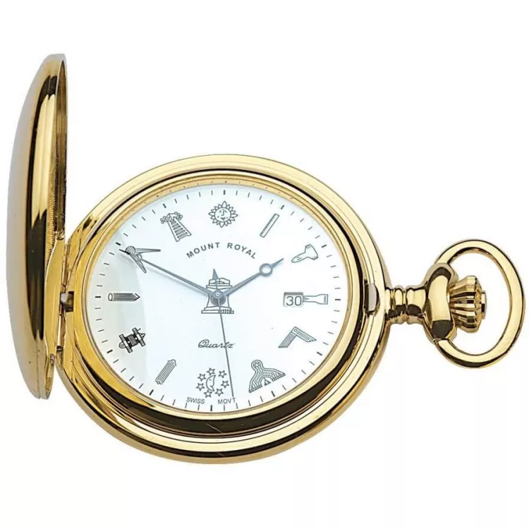 Gold Tone Full Hunter Quartz Pocket Watch With Masonic Dial