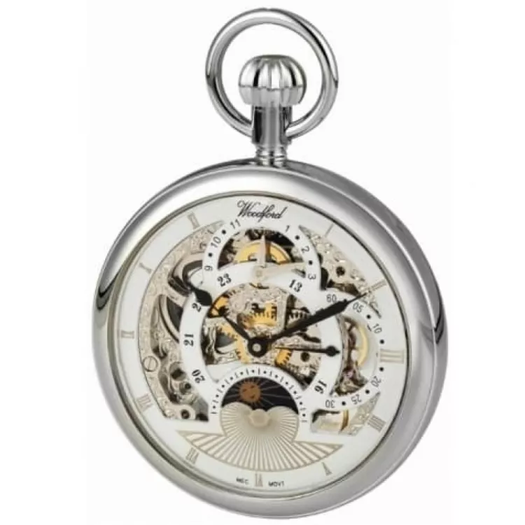 Chrome Plated 17 Jewel Sun/Moon Dial Mechanical Open Face Pocket Watch