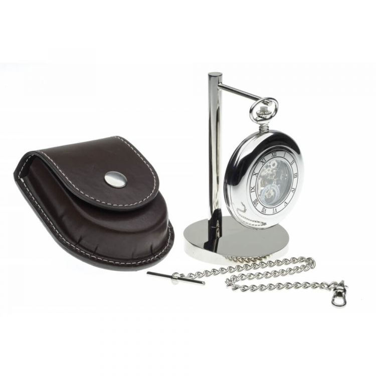 Half Hunter Mechanical Pocket Watch Stand & Pouch