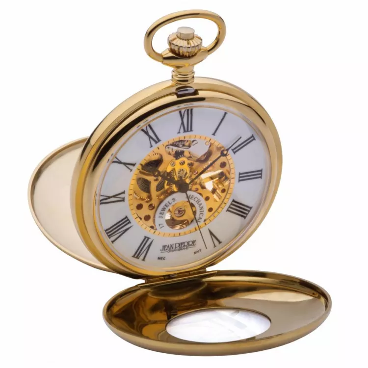 Gold Plated Mechanical Double Half Hunter Pocket Watch With Heartbeat Window