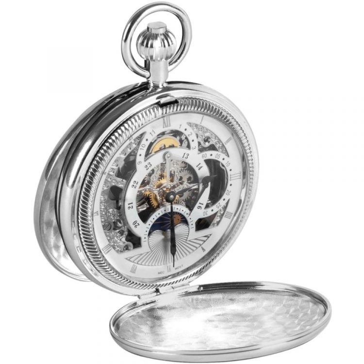 Double Hunter Chrome Plated Moon Dial Pocket Watch