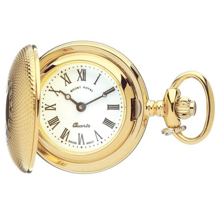 Gold Tone Shield Design Full Hunter Quartz Pendant Necklace Watch