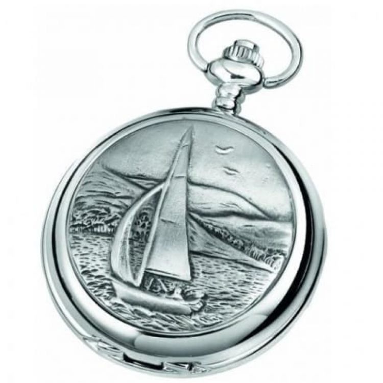 Sailboat Chrome/Pewter Quartz Full Hunter Pocket Watch