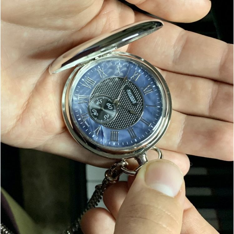 Two Tone Pocket Watch Blue Dial & Black Leather Case