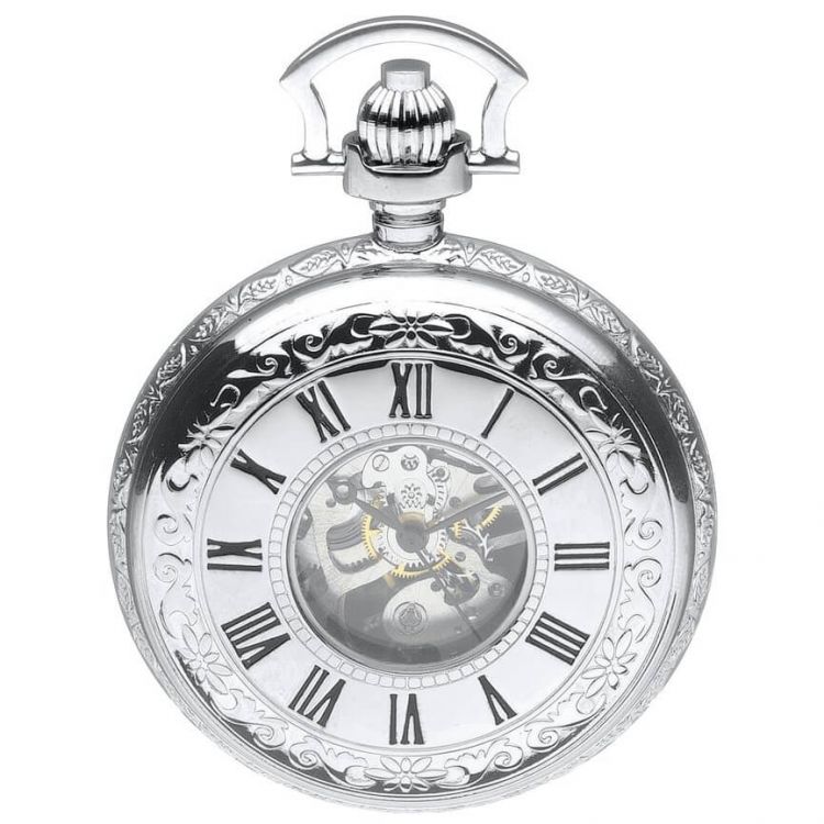 Chrome Polished Mechanical Double Half Hunter Pocket Watch With Roman Indexes