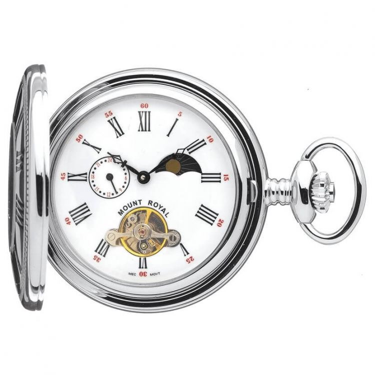 Chrome Polished Mechanical Half Hunter Pocket Watch with Roman Indexes