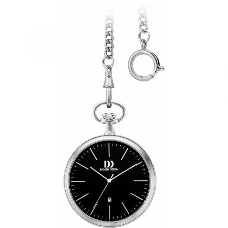 Black Face Chrome Plated Pocket Watch with Chain