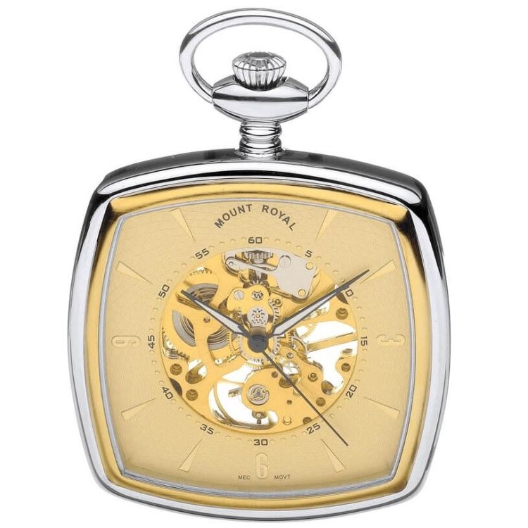 Chrome Polished Two Tone Mechanical Open Face Square Pocket Watch