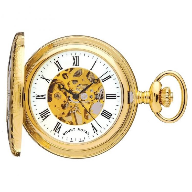 Gold Tone Mechanical Half Hunter Pocket Watch With Roman Numerals & Skeleton Display