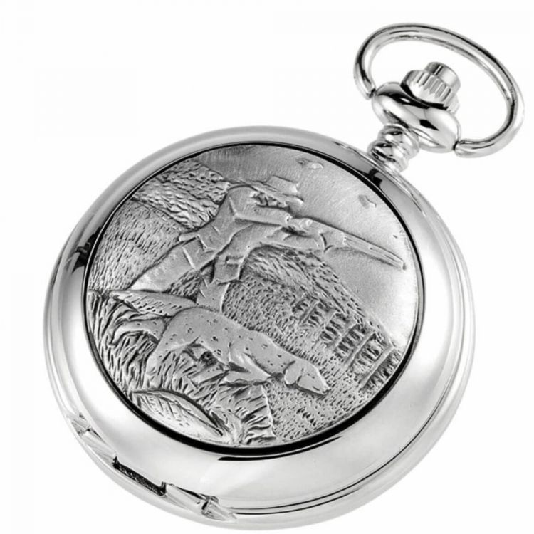 Full Hunter Shooting Chrome Pewter Quartz Pocket Watch