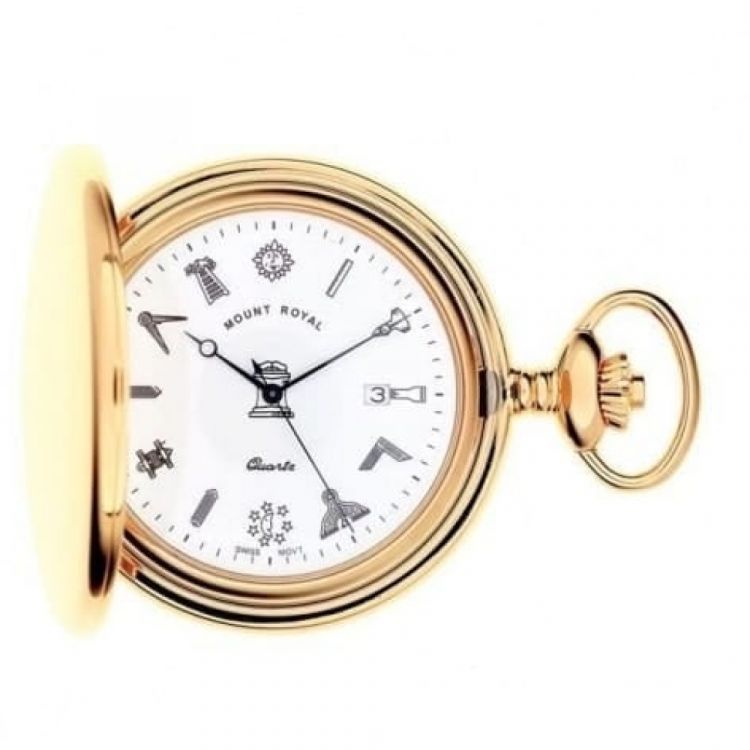 Masonic Gold Tone Full Hunter Quartz Pocket Watch