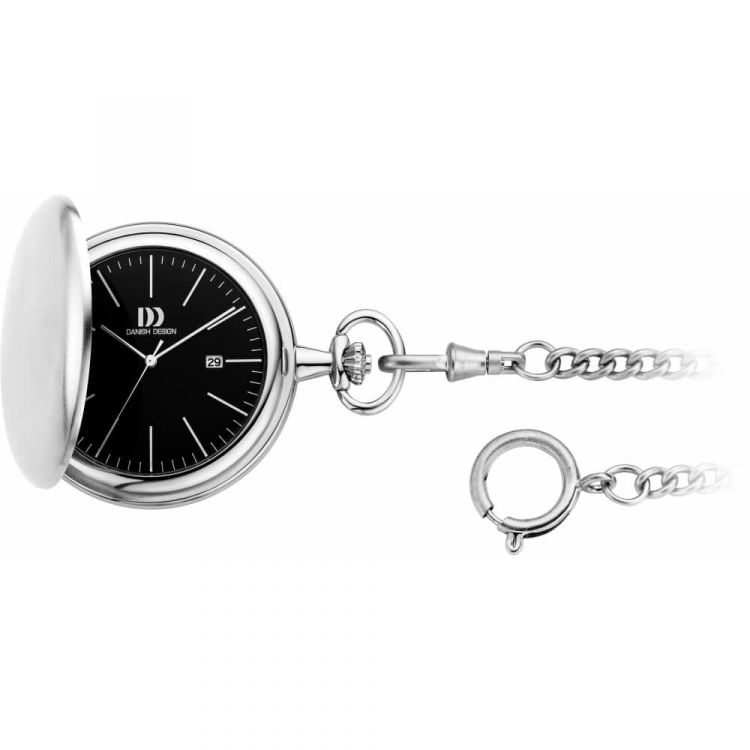 Brushed Chrome Full Hunter Pocket Watch And Chain with Black Face