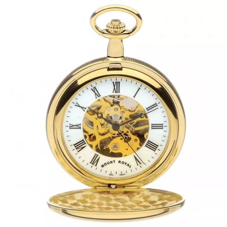 Gold Tone Skeleton Mechanical Double Hunter Pocket Watch With Roman Indexes