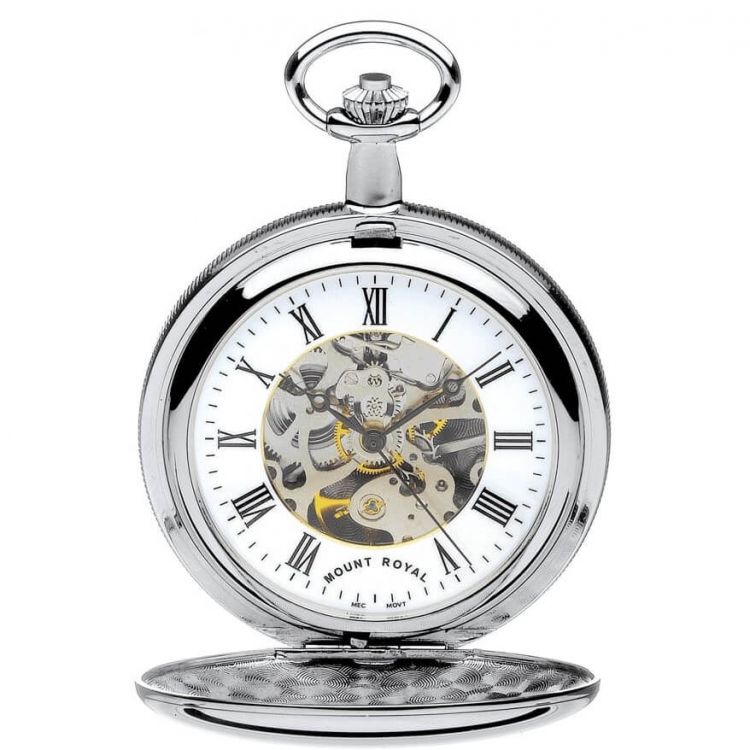 Chrome Polished Skeleton Mechanical Double Hunter Pocket Watch With Roman Indexes