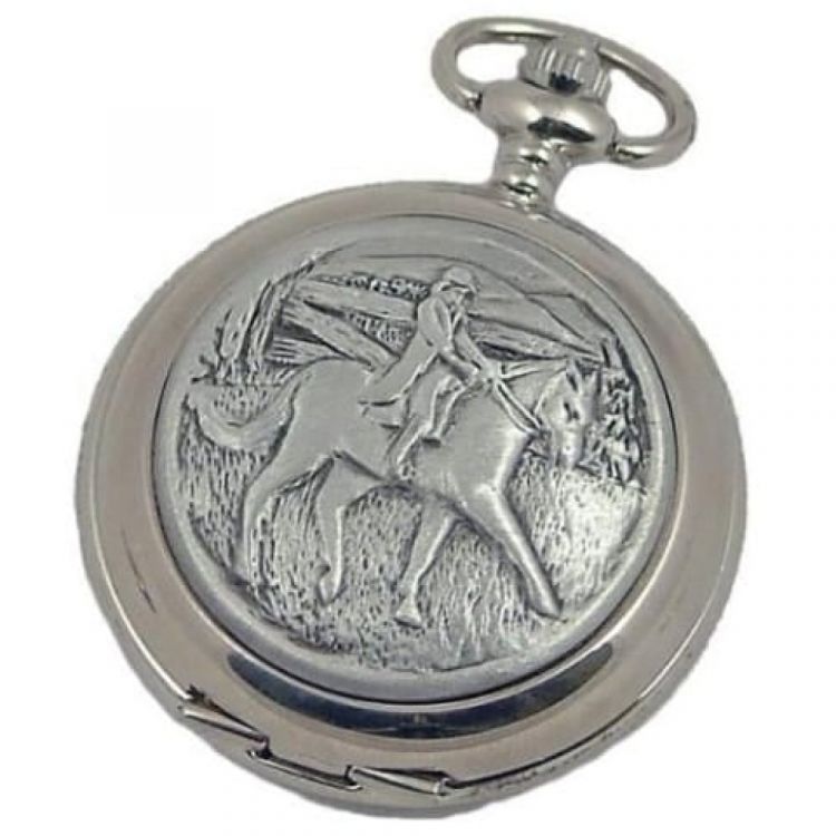 Full Hunter Horse Rider Chrome/Pewter Quartz Pocket Watch