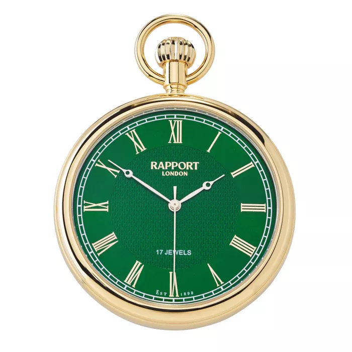 17-Jewel Mechanical Emerald Open Face Gold Plated Pocket Watch