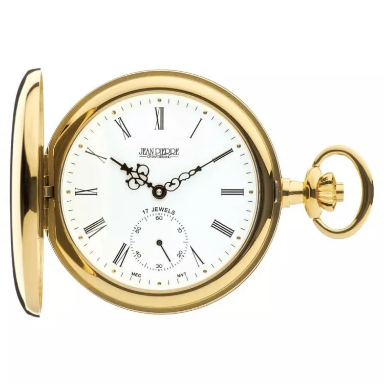 Gold Toned Full Hunter Mechanical Pocket Watch With Roman Numerals