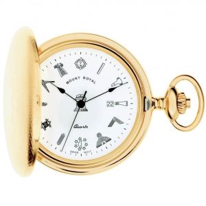 Gold Toned Masonic Engine Turned Quartz Full Hunter Pocket Watch