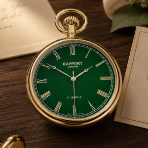 17-Jewel Mechanical Emerald Open Face Gold Plated Pocket Watch