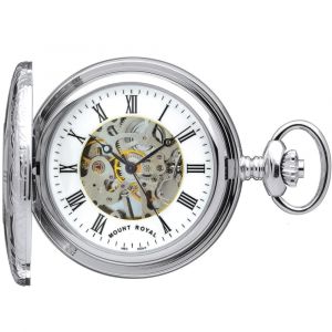 Polished Chrome Mechanical Half Hunter Pocket Watch with Skeleton Display & Roman Numerals