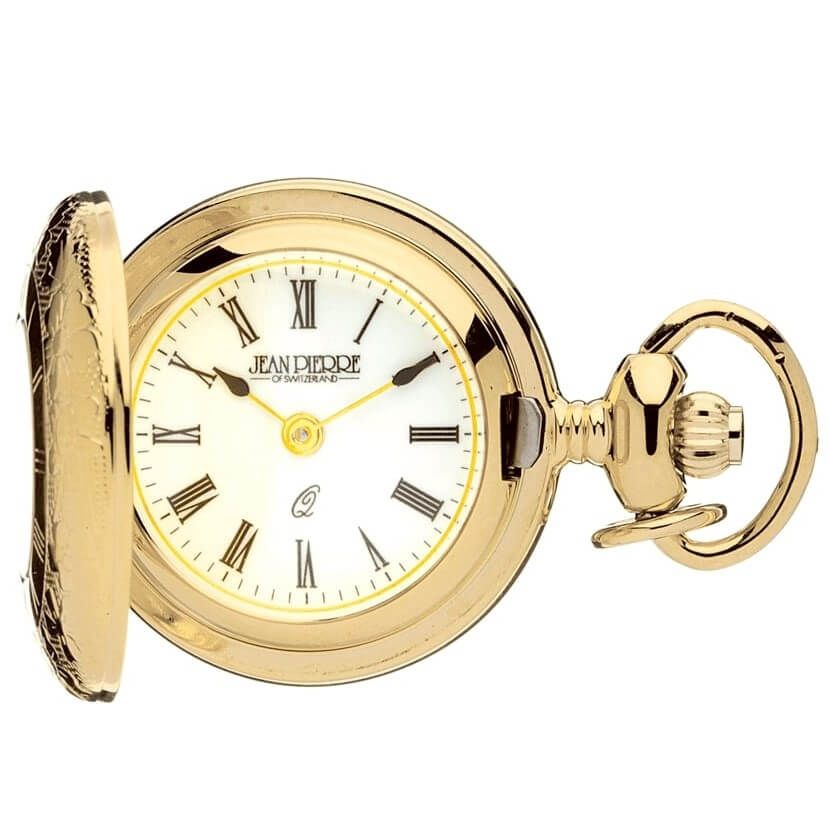 Gold Toned Half Hunter Quartz Pendant Watch With Roman Numerals