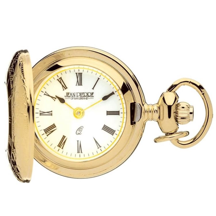 Gold Toned Half Hunter Quartz Pendant Watch With Roman Numerals